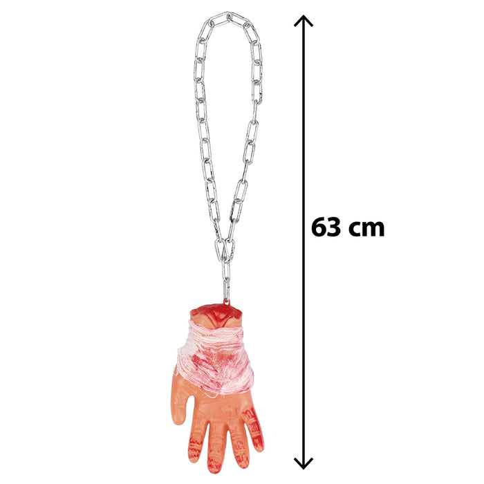 Blutige Hand an Kette