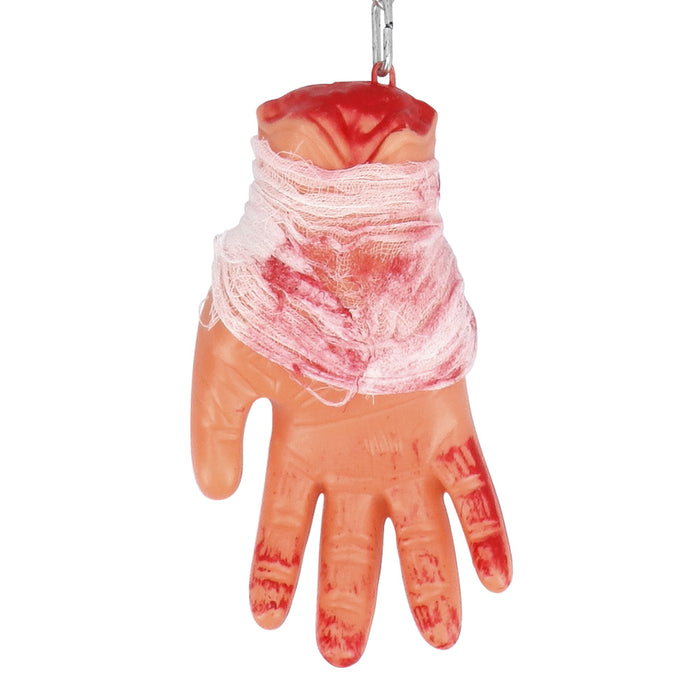 Blutige Hand an Kette