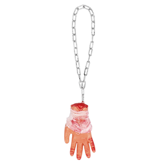 Blutige Hand an Kette