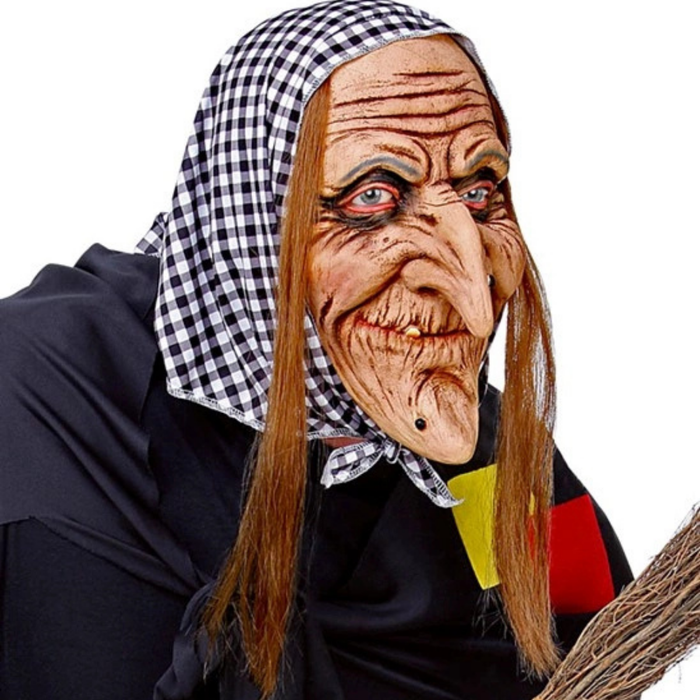 Maske Hexe mit Kopftuch und Haaren