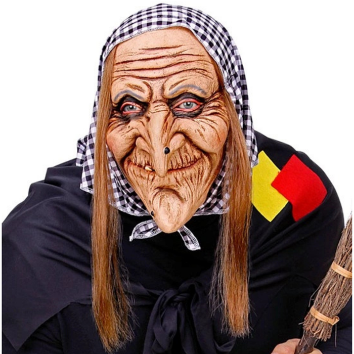 Maske Hexe mit Kopftuch und Haaren